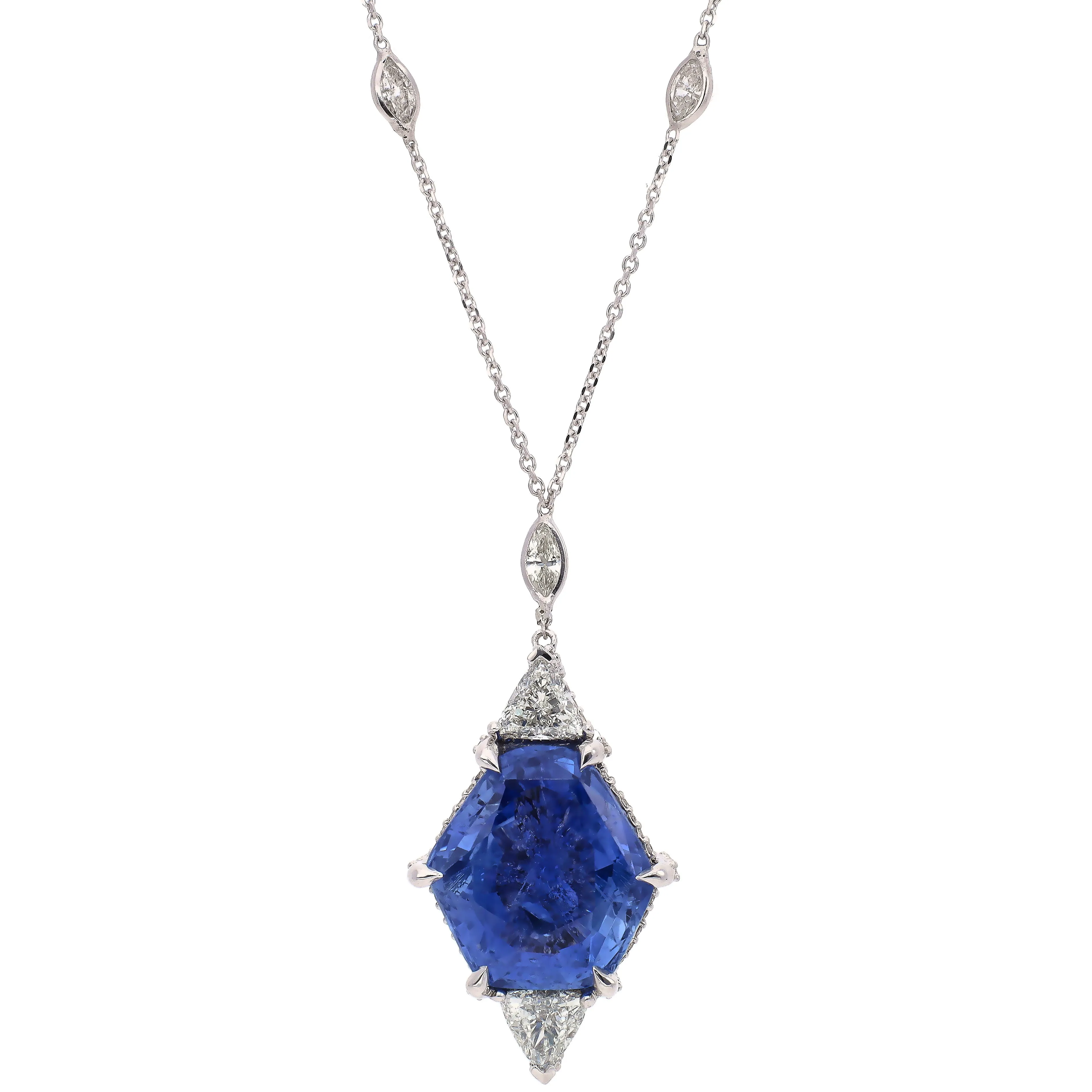 14K White Gold Custom Designed 8.87ct Ceylon Sapphire and Diamond Necklace