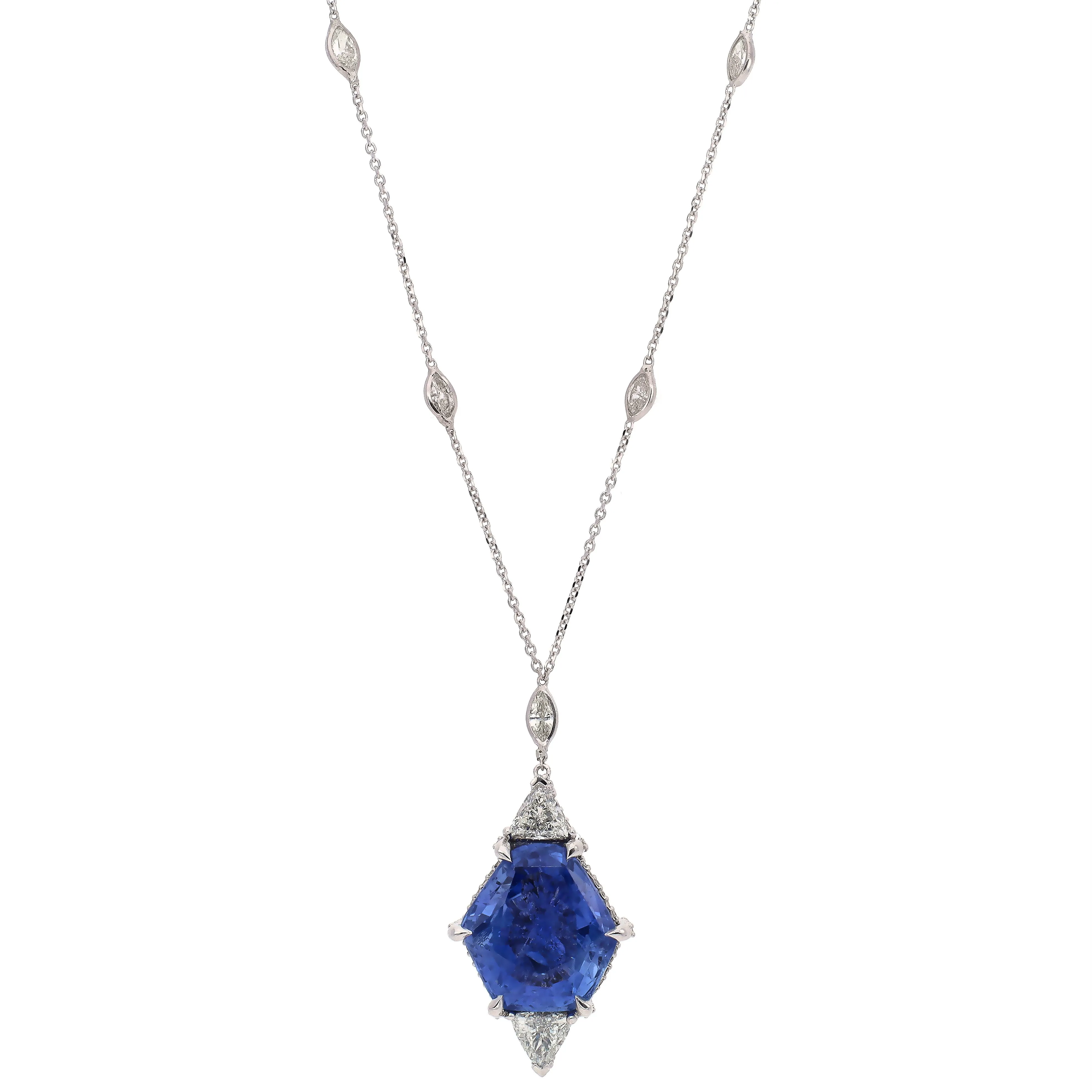 14K White Gold Custom Designed 8.87ct Ceylon Sapphire and Diamond Necklace