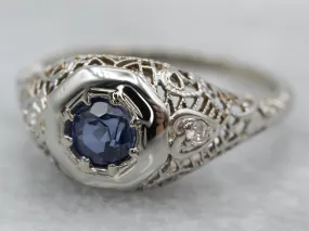 18K White Gold Art Deco Style Blue Sapphire and Diamond Accent Ring