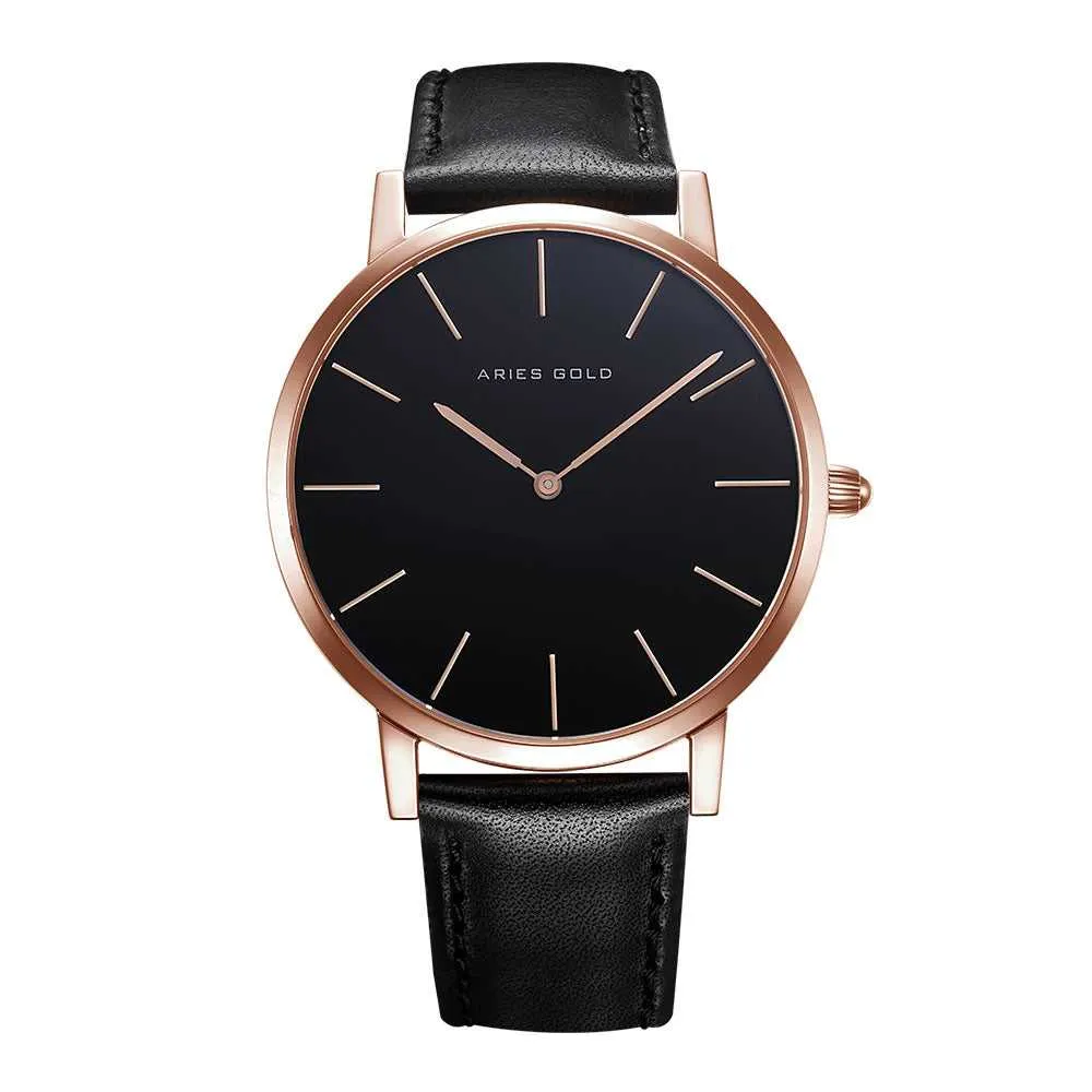 ARIES GOLD URBAN SANTOS ROSE GOLD STAINLESS STEEL G 1022 RG-BK BLACK LEATHER STRAP MEN'S WATCH