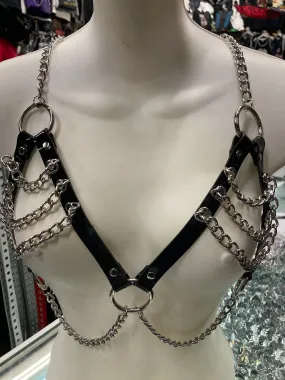 Black Patent Leather Bra Harness w/ Silver Chain Details