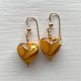 Earrings with byzantine dark yellow, gold Murano glass small heart drops on silver or gold