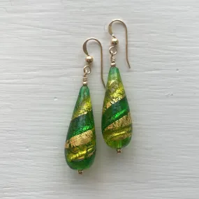 Earrings with light and dark green swirl over gold Murano glass long pear drops