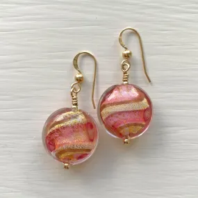 Earrings with pink, white, aventurine, gold Murano glass medium lentil drops on silver or gold