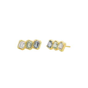 Emerald Cut Blue Ombré Trio Sapphire Earrings