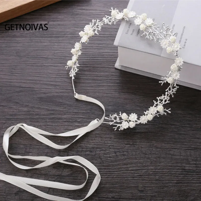 GETNOIVAS Bridal Gold/Silver Color Flower Ribbon Hairband Headband Women Headpiece Tiara Wedding Bridal Hair Jewelry Accessories