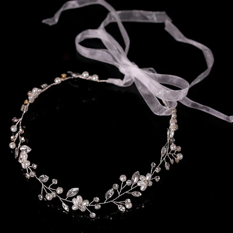 GETNOIVAS Bridal Gold/Silver Color Flower Ribbon Hairband Headband Women Headpiece Tiara Wedding Bridal Hair Jewelry Accessories