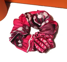 Hermes Handmade Baobab Cat Silk Scarf Scrunchie in Pink, Black and White