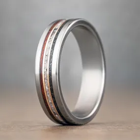 (In-Stock) Custom Men's Titanium Wedding Band with Meteorite, Bloodwood, Oyster Shells & Dual Bronze Inlays - Size 11 | 6mm Wide