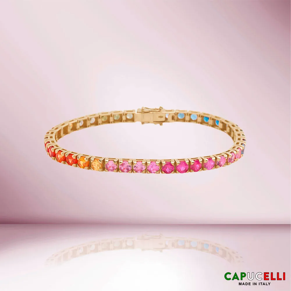 Multicolor Sapphire Tennis Bracelet (14.00 ct.) 4-Prong Setting in 18K Gold, Made In Italy