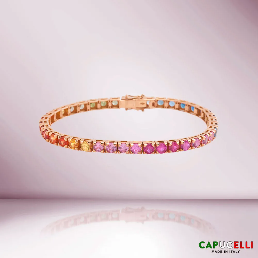 Multicolor Sapphire Tennis Bracelet (14.00 ct.) 4-Prong Setting in 18K Gold, Made In Italy