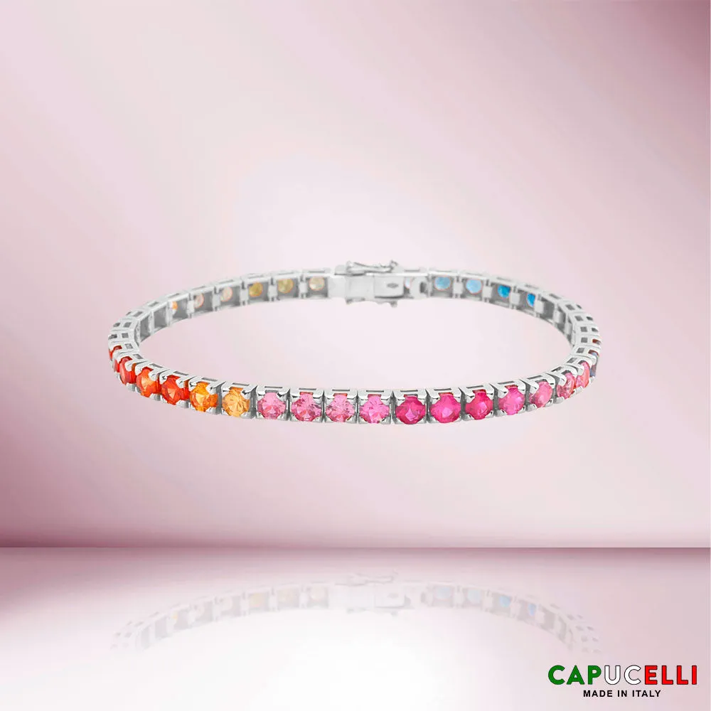 Multicolor Sapphire Tennis Bracelet (14.00 ct.) 4-Prong Setting in 18K Gold, Made In Italy