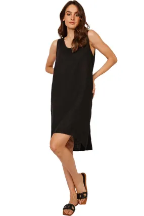 Pistache Sleeveless Hi Lo Hem Linen Dress, Black (R0230)