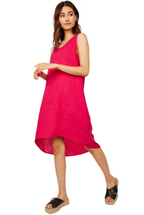 Pistache Sleeveless Hi Lo Hem Linen Dress, Fuschia (R0230)