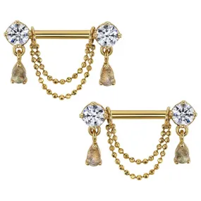 "Antoinette" Forward Facing Nipple Barbells With Chains in Gold with White CZ's & Rose Cut Labradorite