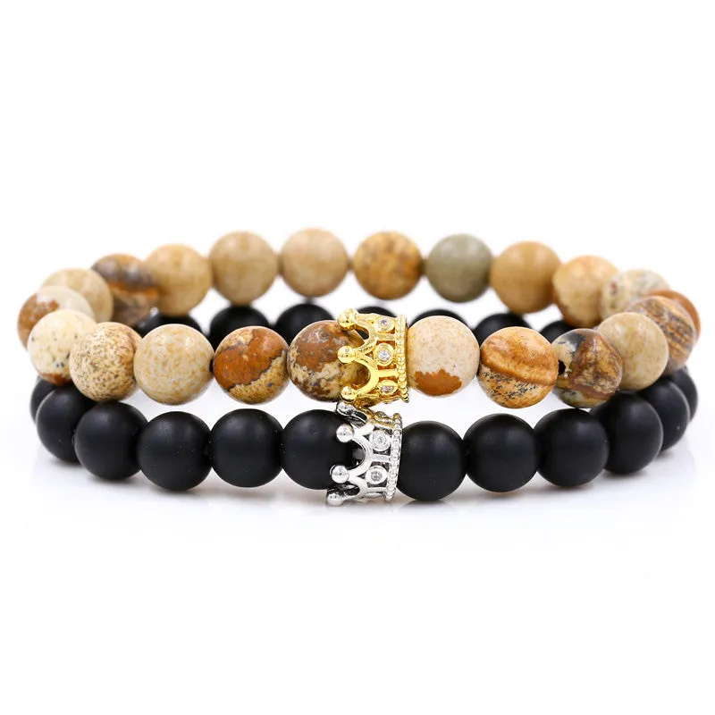 Santa Cruz Stackable Beaded Crown Bracelets, Cream & Brown / Black