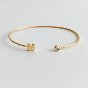 Slim Open Bangle with Initial and Diamond, Solid 14k Gold