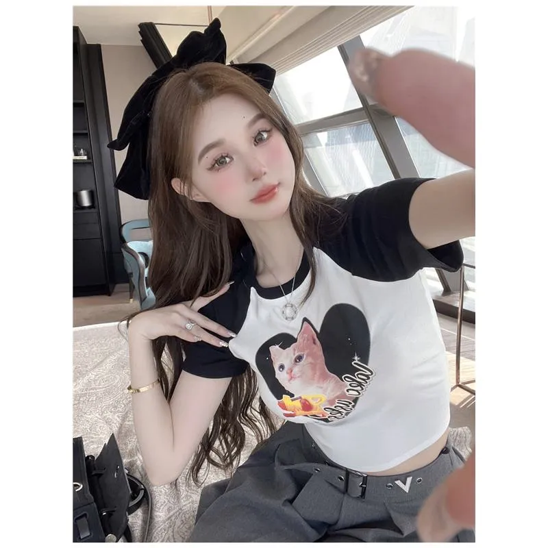 Women's T-Shirt Print Petite Kitty Patchwork Lycra Short Sleeve Tee